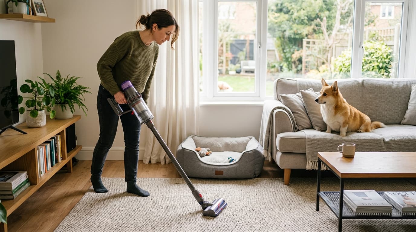 A person vacuuming the living room carpet near a pet bed while a corgi watches from the couch, treating the home for fleas