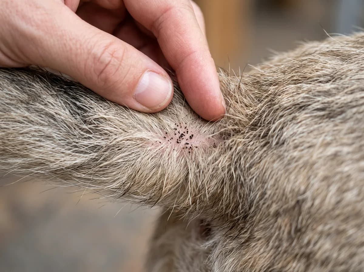 Flea dirt visible as black specks in a dog's fur near the tail base, a key sign of a flea infestation in the house