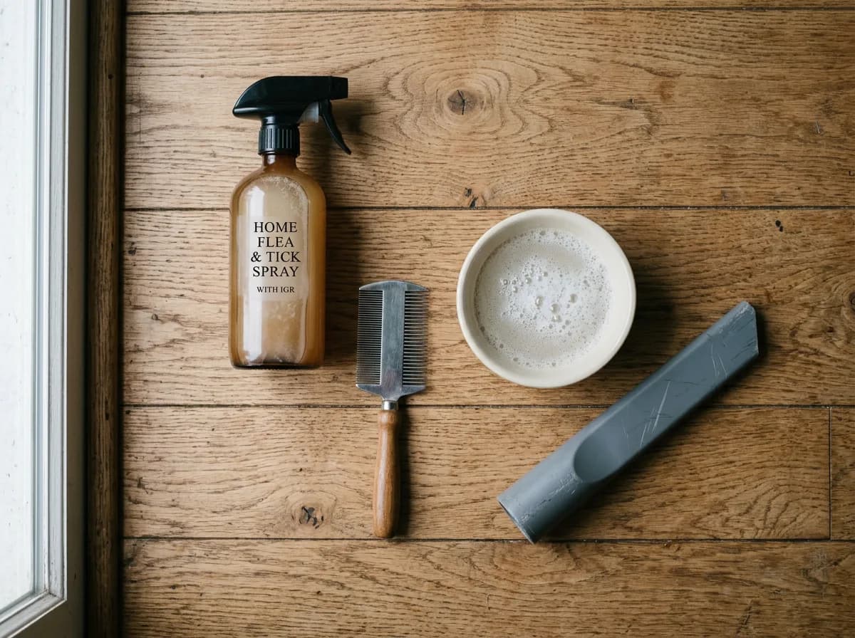 Home flea treatment kit laid out on a floor: an IGR carpet spray, a flea comb, soapy water, and a vacuum crevice tool