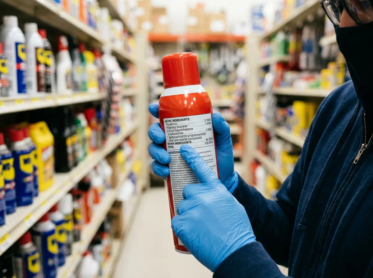 A person reading the active-ingredient label on a flea carpet spray to check for an IGR before buying
