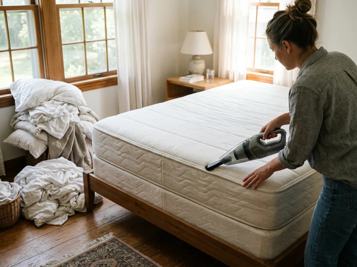 Vacuuming a mattress seam and box spring with bed linens stripped off to remove fleas from a bed