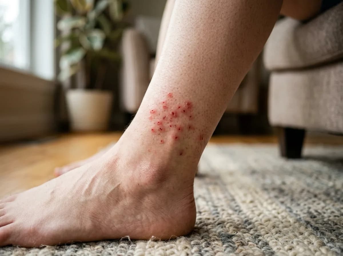 Cluster of red flea bites on a person's lower leg and ankle, typical of flea bites on humans