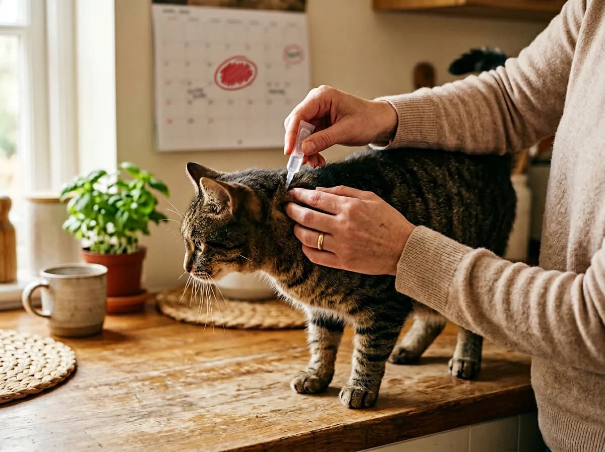 Applying a monthly spot-on flea preventive to a cat to keep fleas out of the house year-round