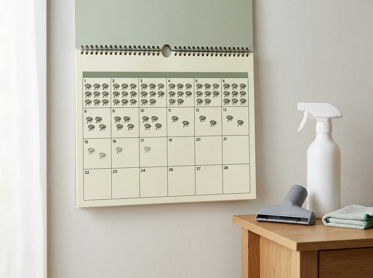 A four-week calendar showing the realistic flea-clearing timeline as sightings drop to zero