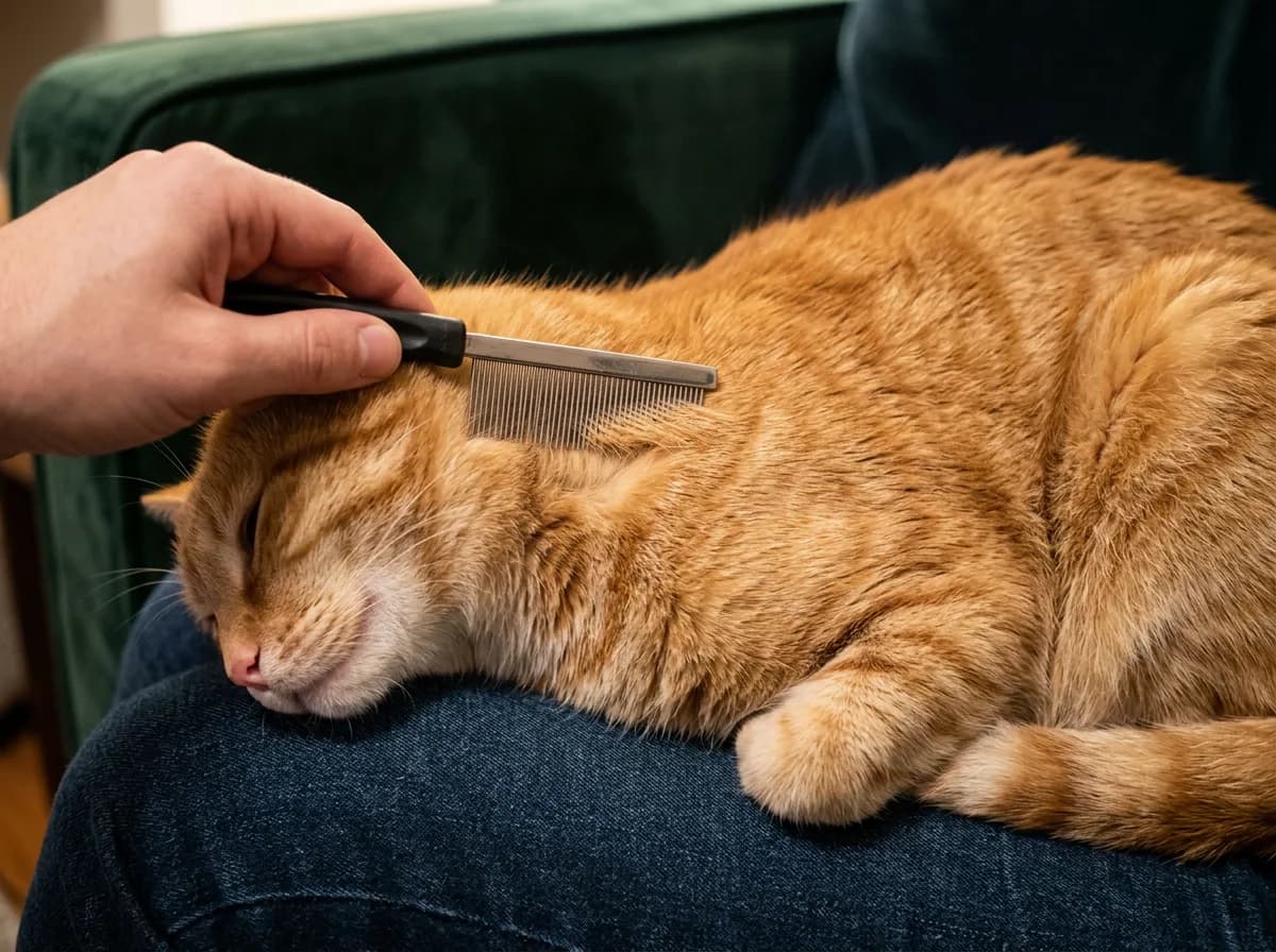 Orange tabby cat resting on a person's lap while being groomed with a black-handled fine-tooth flea comb.