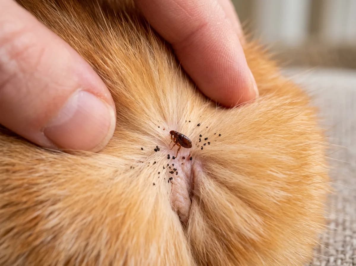 Close-up of fingers parting an orange cat's fur to reveal one flea and scattered black flea dirt specks on the skin.