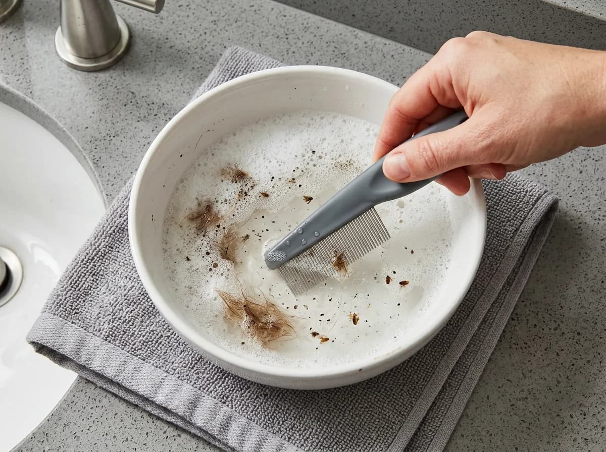 A hand dips a fine-toothed flea comb into a white bowl of soapy water holding combed-out fur and dark flea debris on a counter.