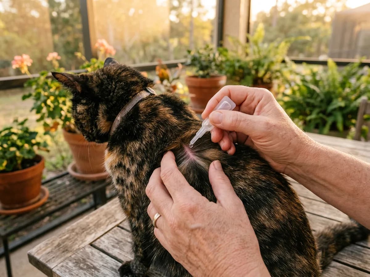 Person parts the fur on a tortoiseshell cat's neck to apply a spot-on flea treatment from a plastic applicator on a sunny porch.