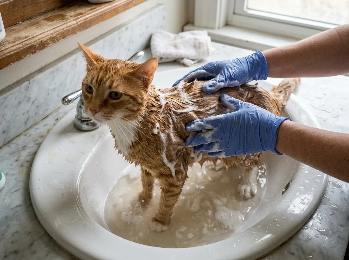 Orange tabby cat standing in a sink being lathered with soap by a person wearing blue gloves during a bath.