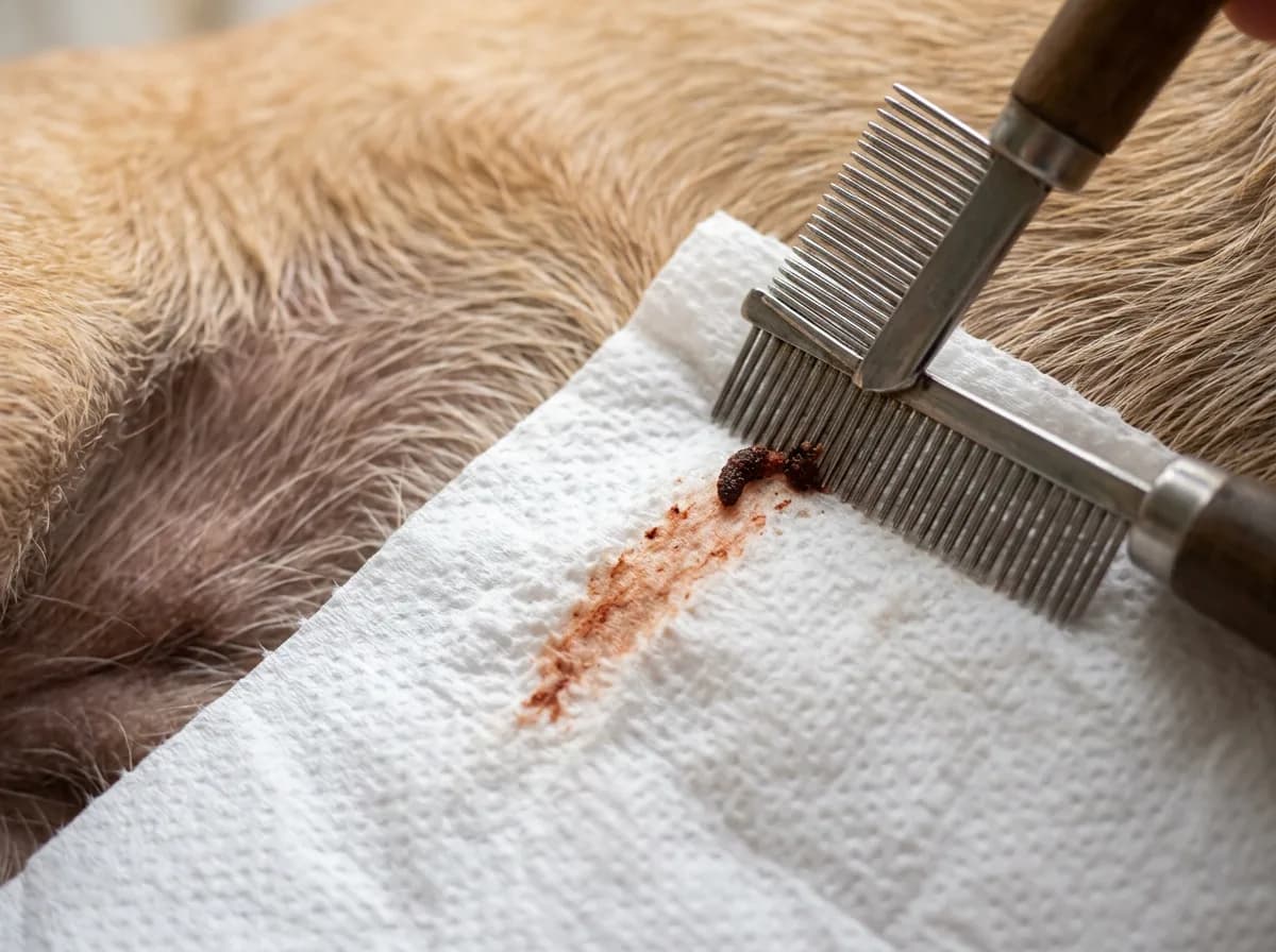 Flea dirt from a dog smearing rusty red on a wet white paper towel during the flea-comb confirmation test