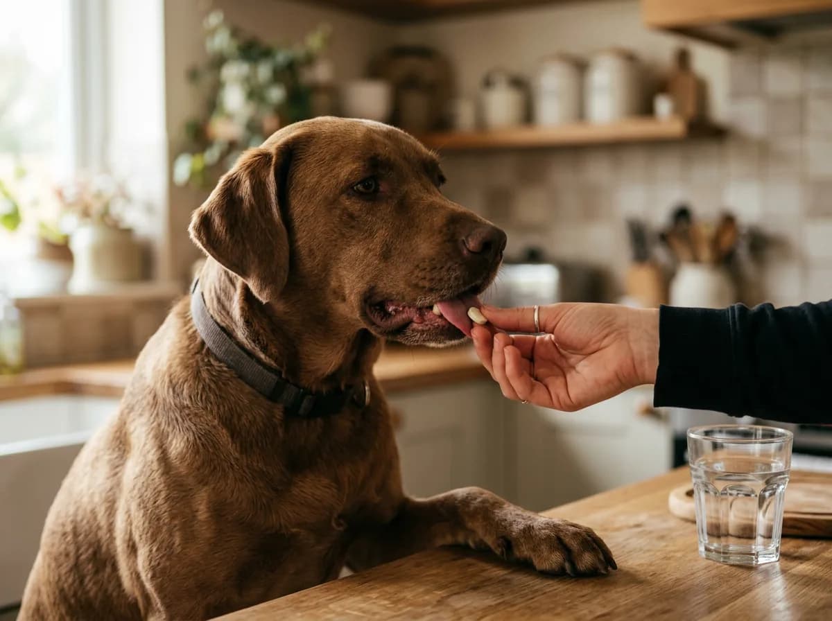 Owner giving a nitenpyram flea knockdown tablet to a brown dog for fast relief from adult fleas