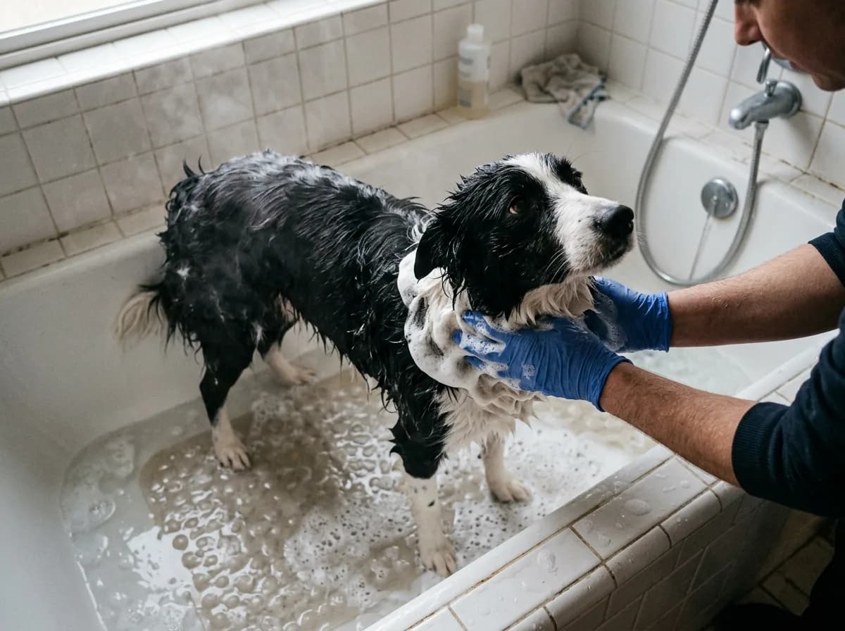 Wet border collie in a tub with a soapy ring lathered at the neck first to block fleas escaping during a flea bath