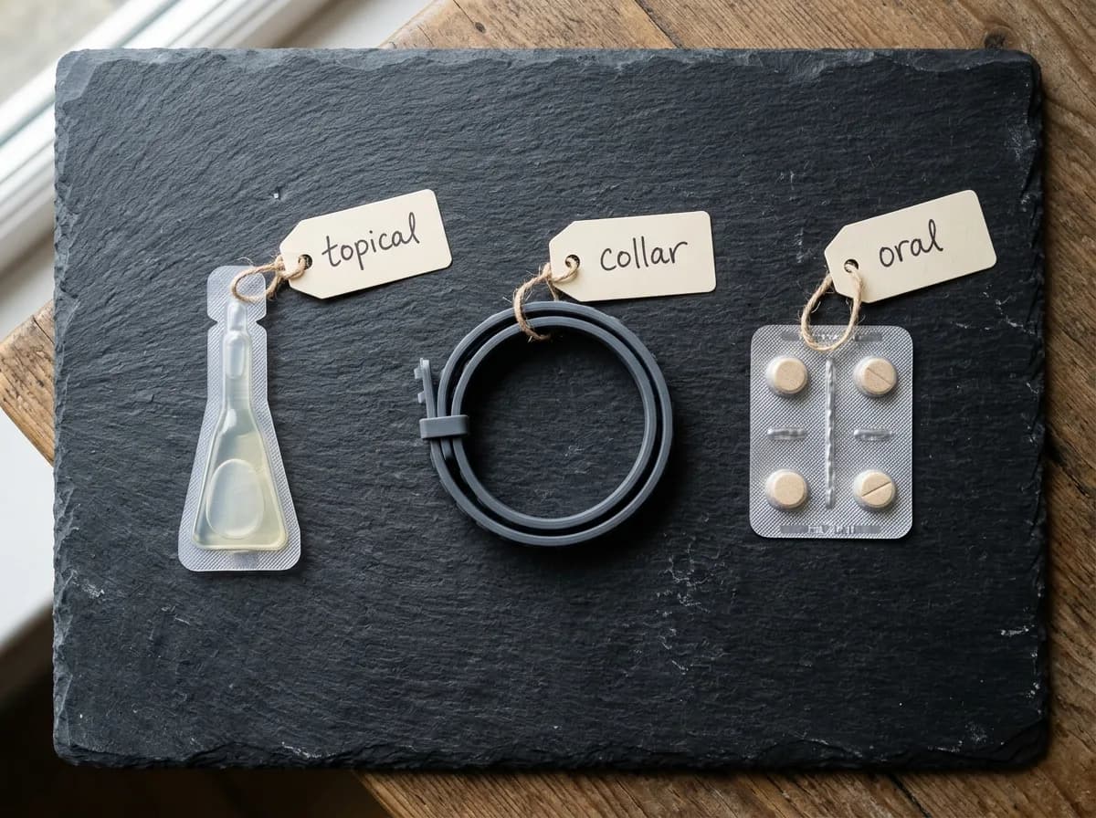 Flat-lay comparing a topical flea pipette, a flea collar, and oral flea tablets for dogs side by side