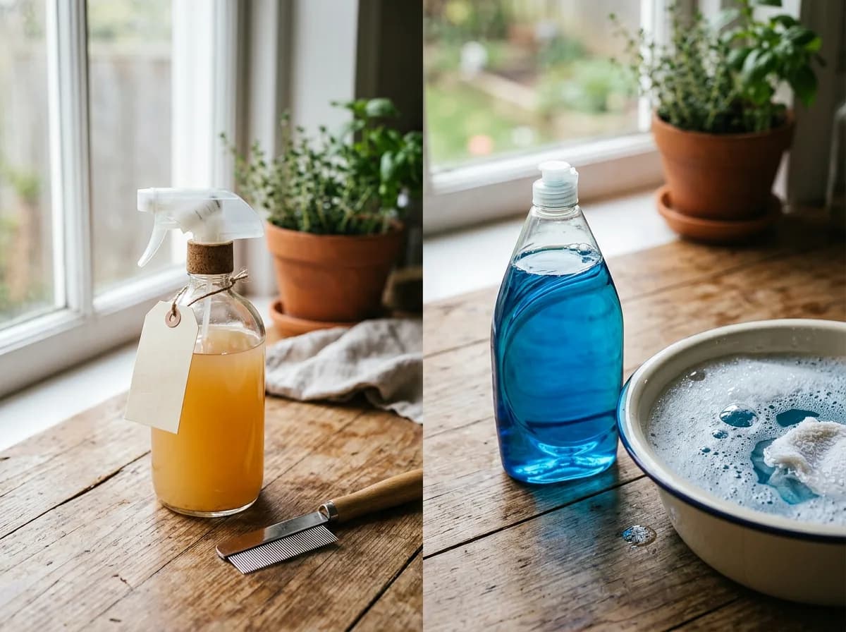 Home flea remedy items for dogs: diluted apple cider vinegar with a flea comb beside dish soap and a basin of soapy water