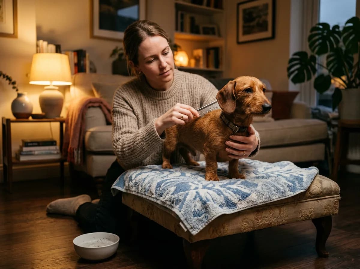 Dachshund being flea-combed on a towel with a bowl of soapy water to remove fleas without bathing