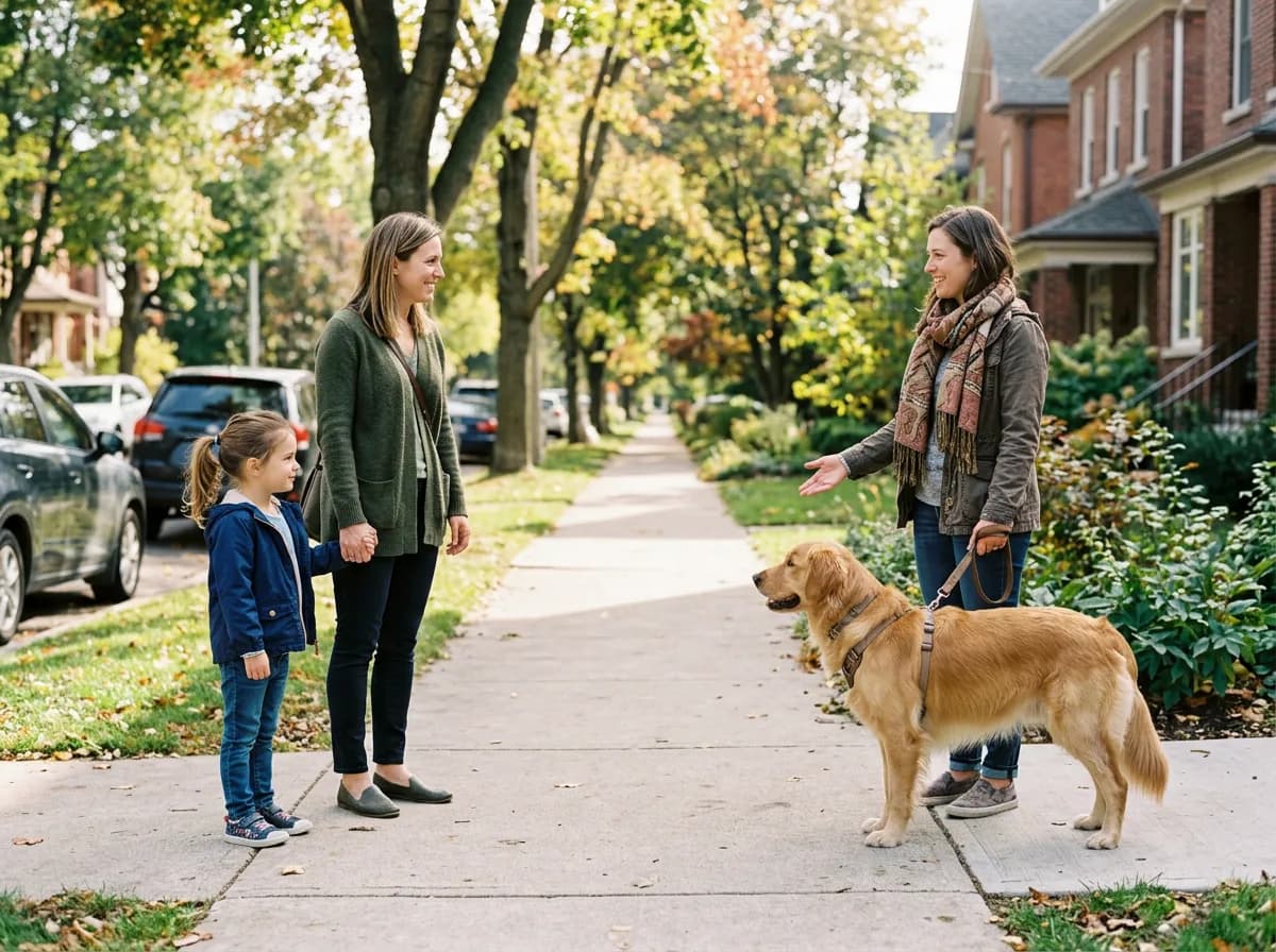 Child and parent waiting at a respectful distance before greeting a leashed dog