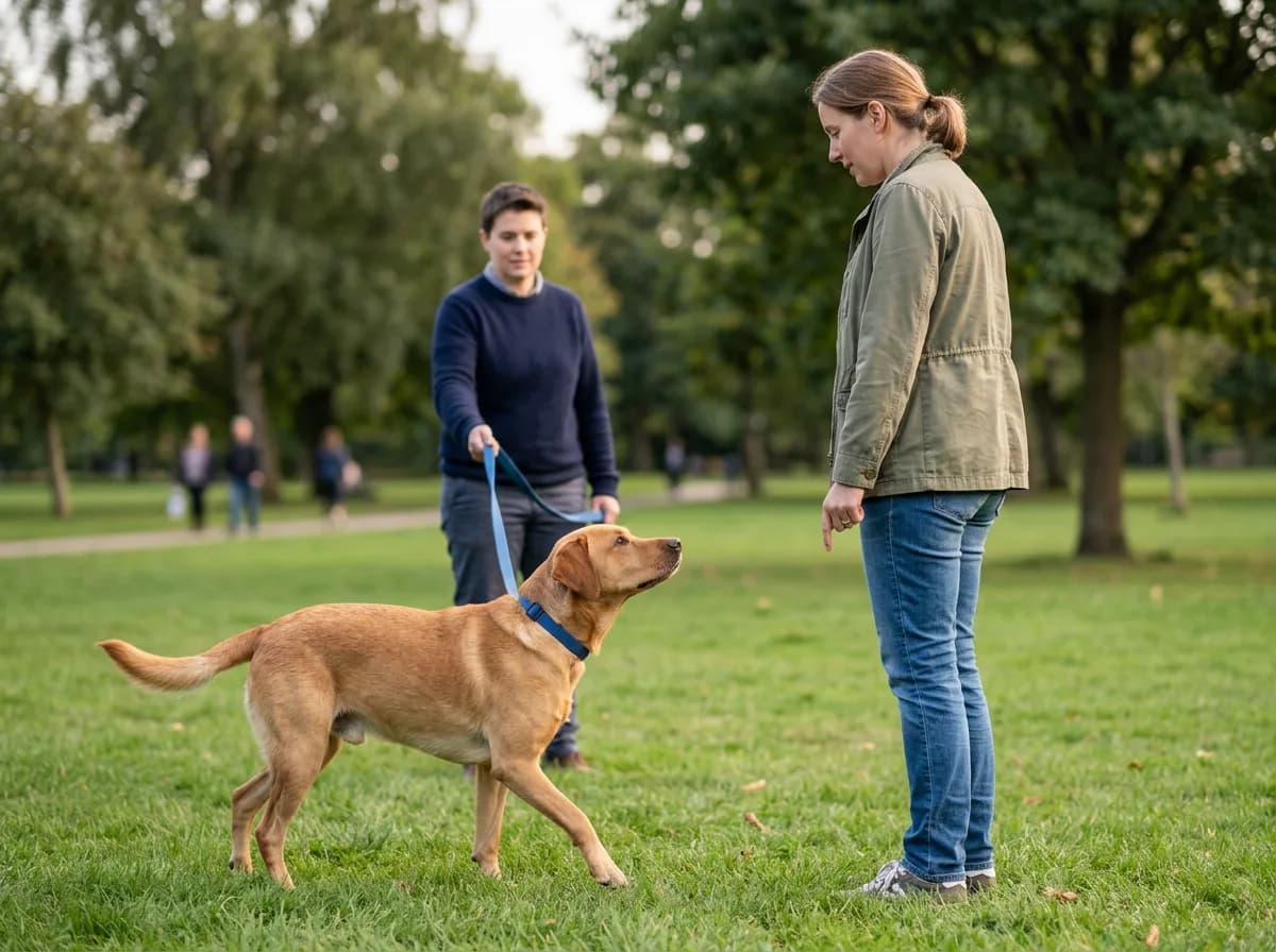 Person turned sideways while a dog chooses to approach calmly