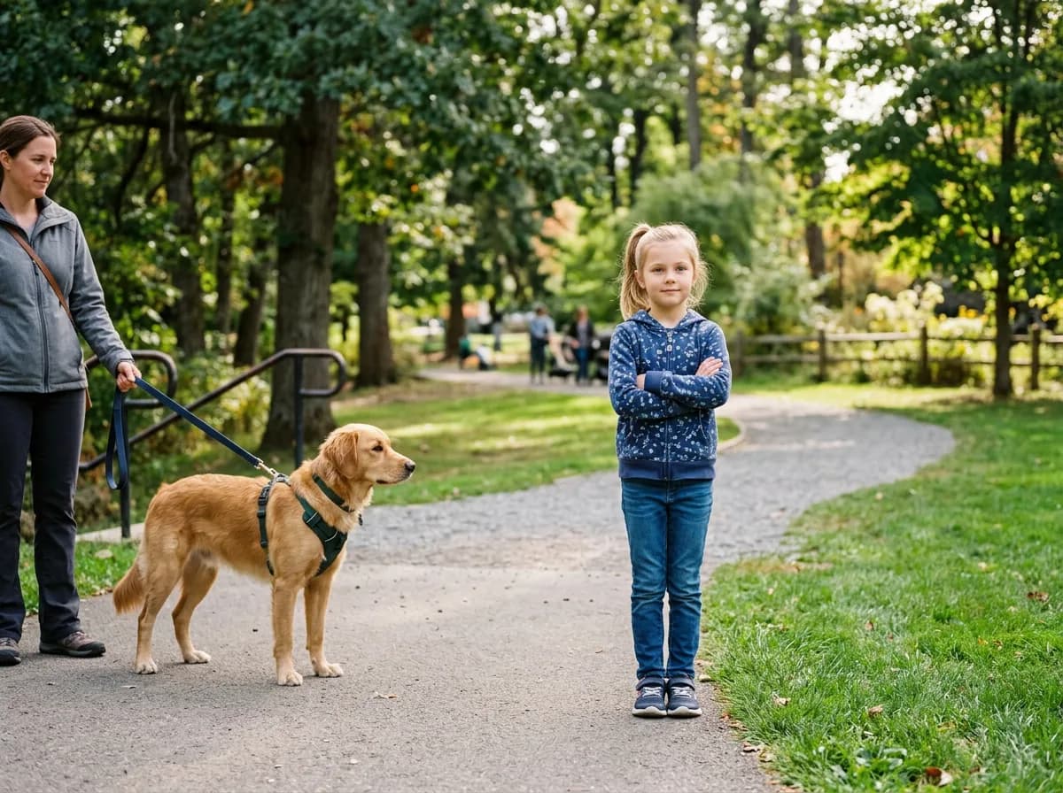 Child standing still like a tree while an adult supervises a dog at a safe distance