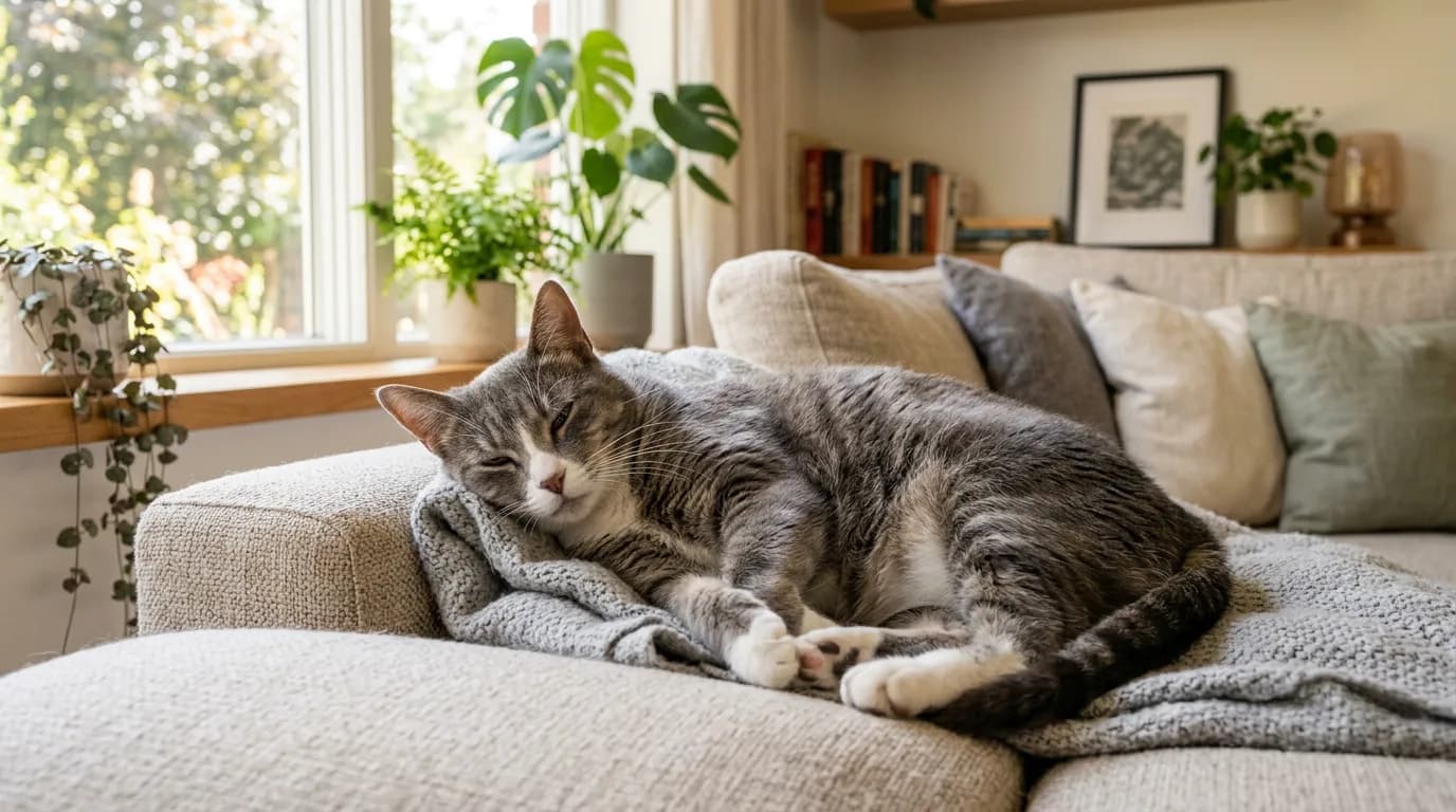 Relaxed gray and white cat slow-blinking while lounging on a couch in a bright home