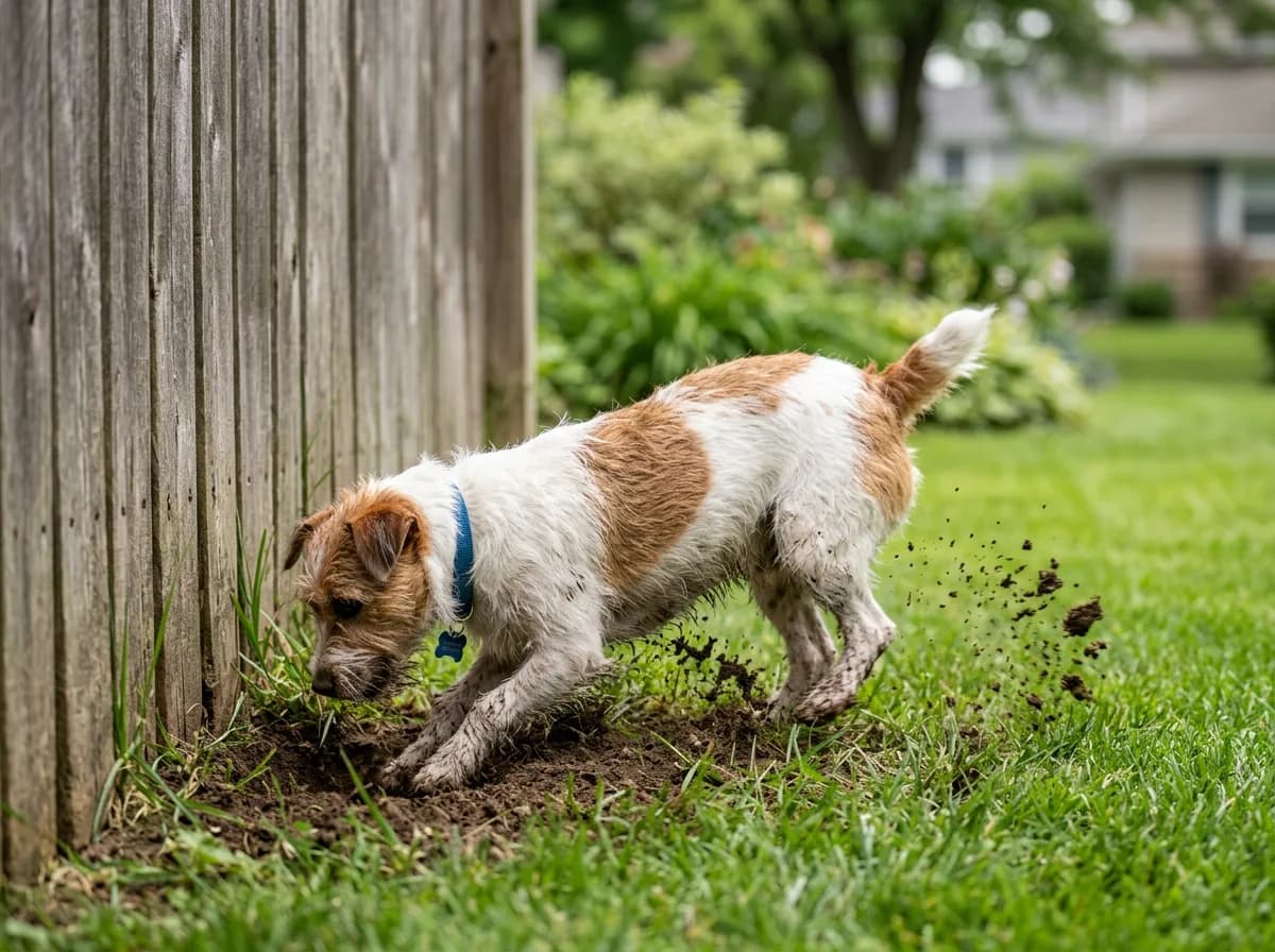 A Jack Russell Terrier digging a hole at the base of a wooden backyard fence