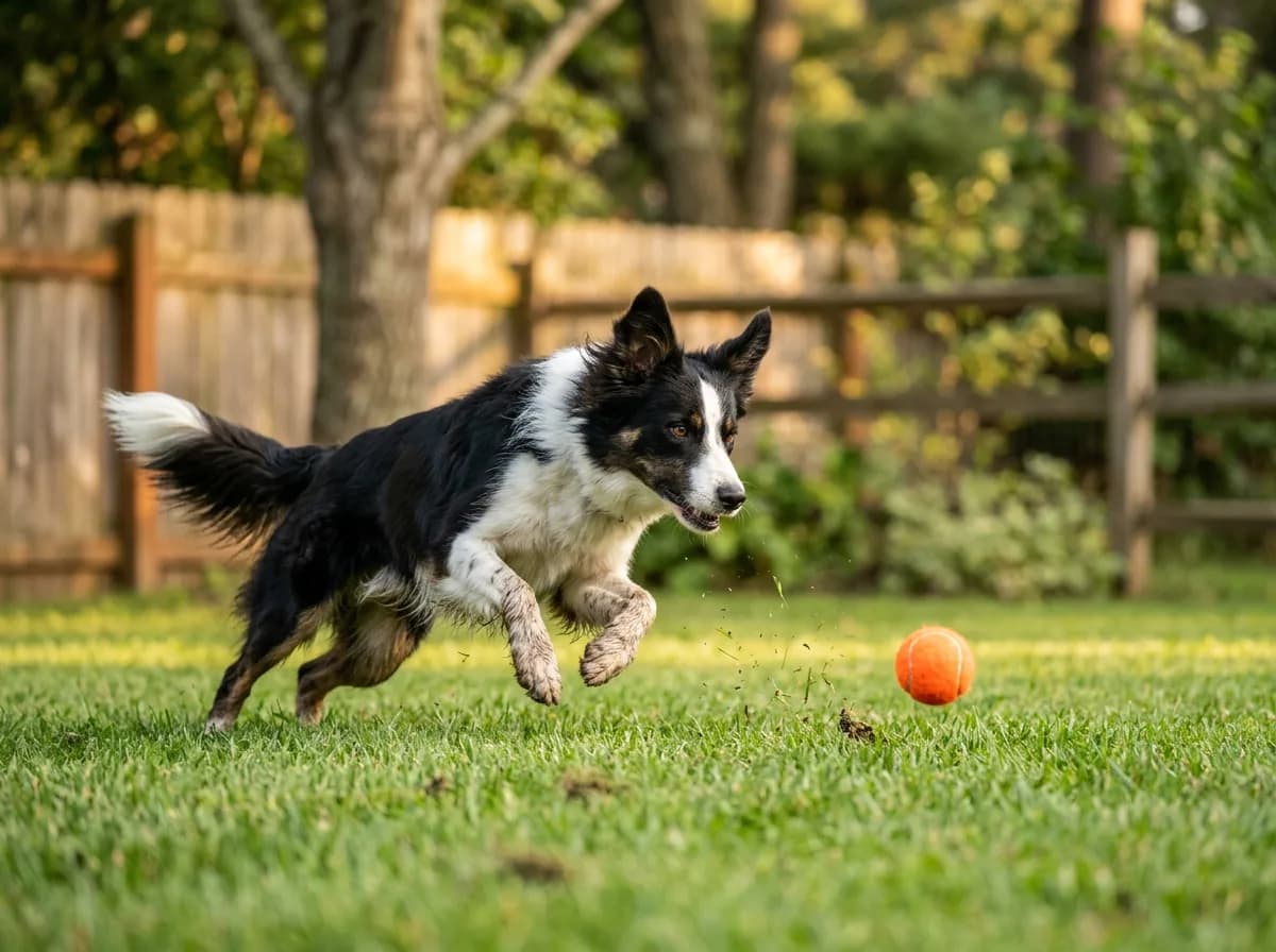 A Border Collie sprinting after a ball during backyard playtime