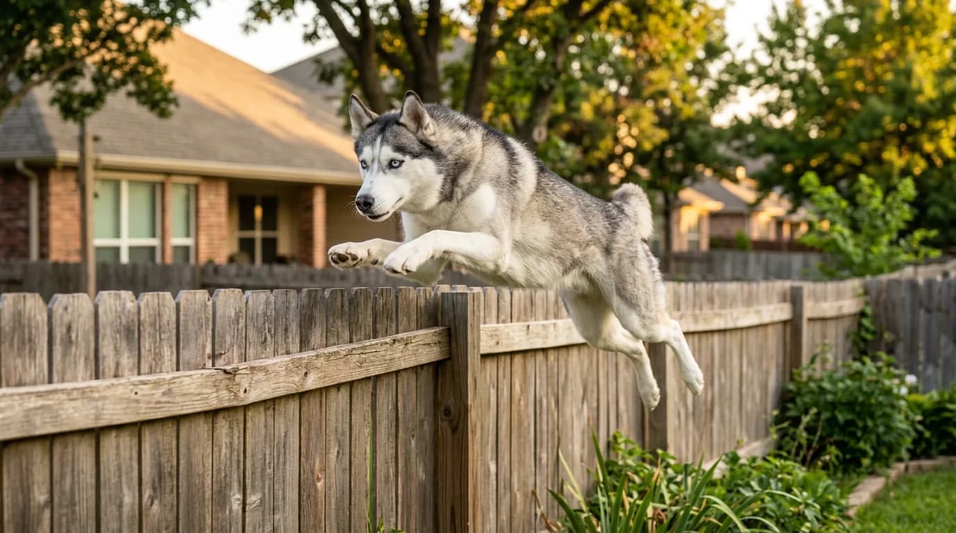 A Siberian Husky leaping over a tall wooden backyard privacy fence with its front paws clearing the top rail