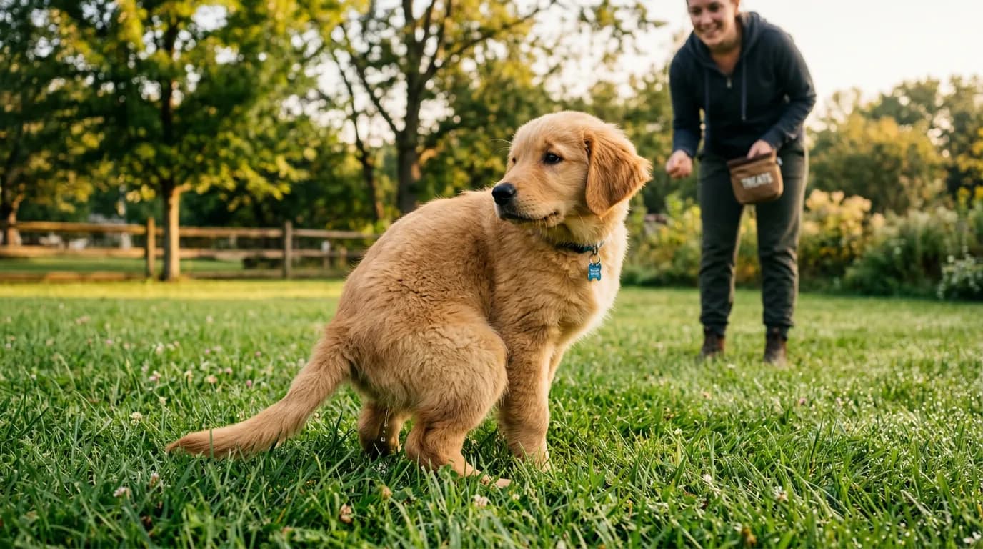 A young golden retriever puppy squatting on green backyard grass in early morning light while a person in the background holds a small treat pouch, shot fr