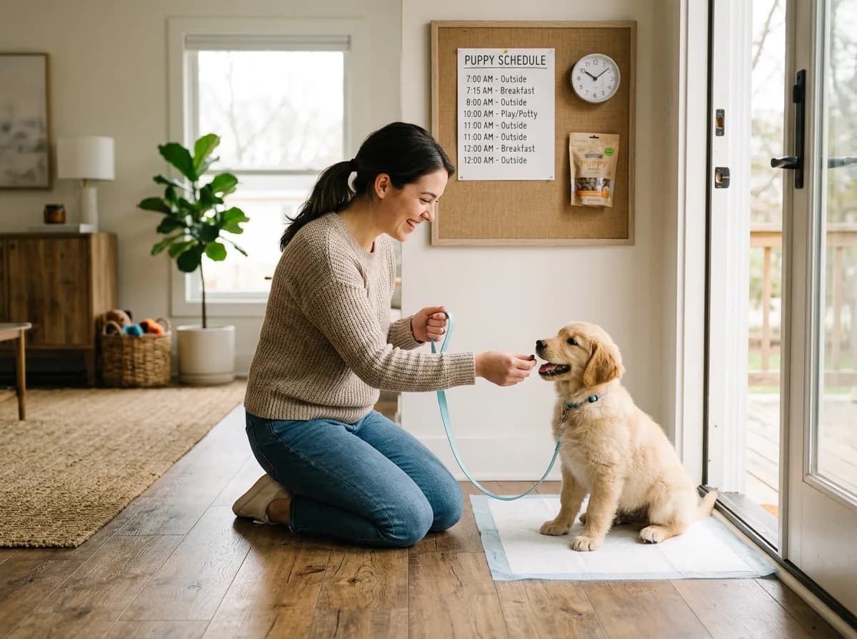 a puppy being house trained illustrating Why a Schedule Beats Everything Else