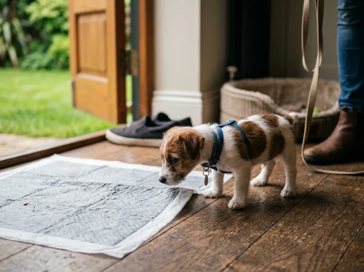 a puppy being house trained illustrating The Core Potty Training Schedule