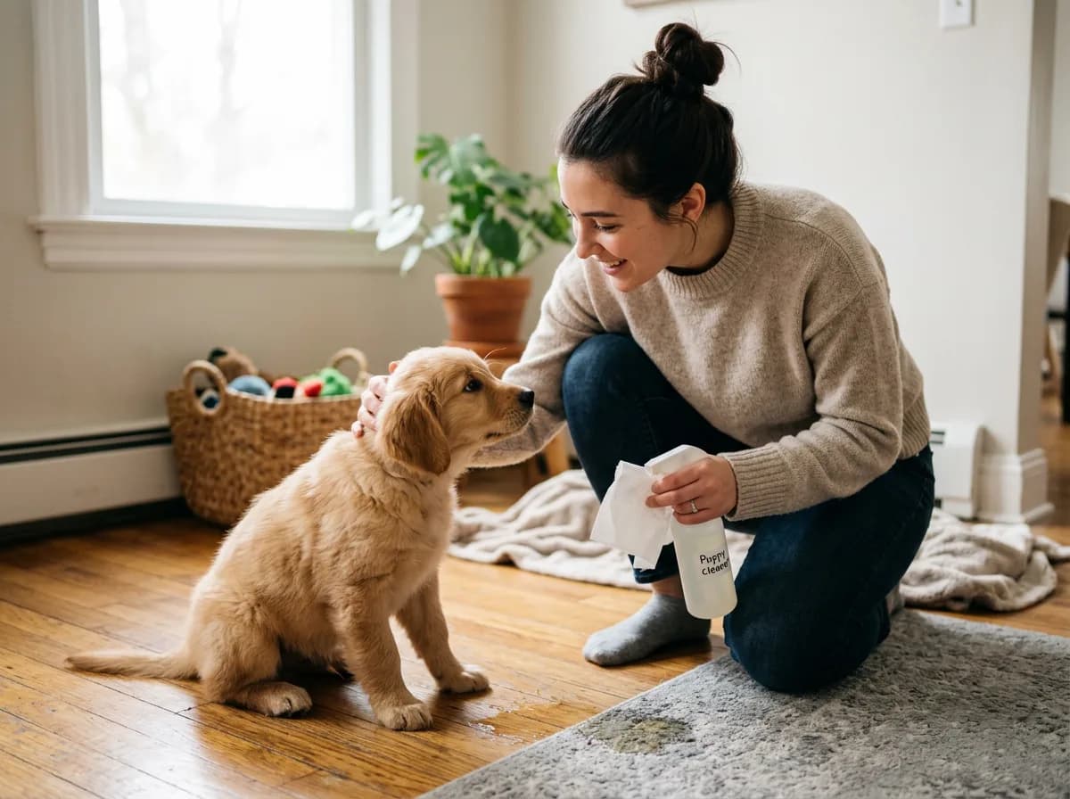 a puppy being house trained illustrating Never Punish Accidents