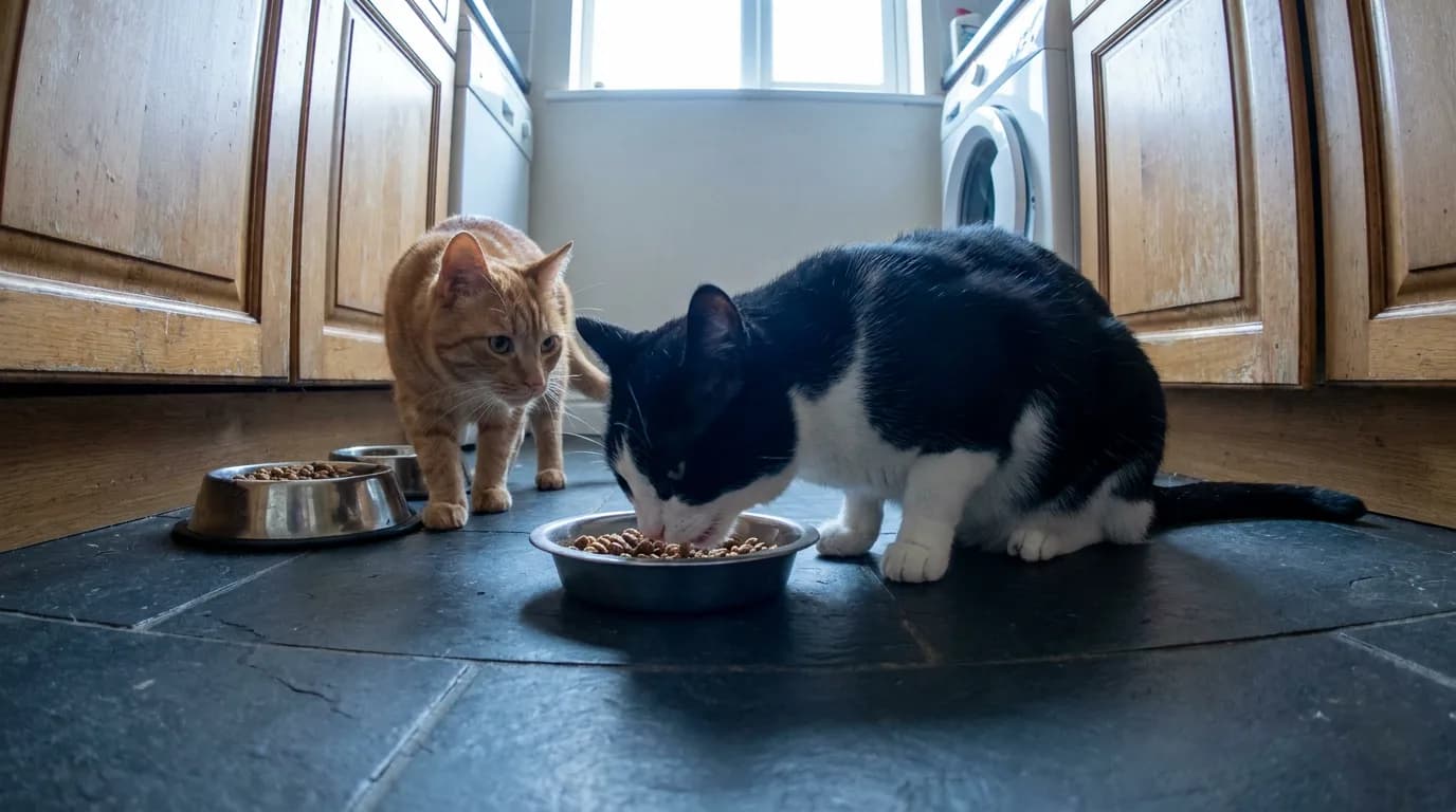 Ginger cat approaching a tuxedo cat that is eating from a dish