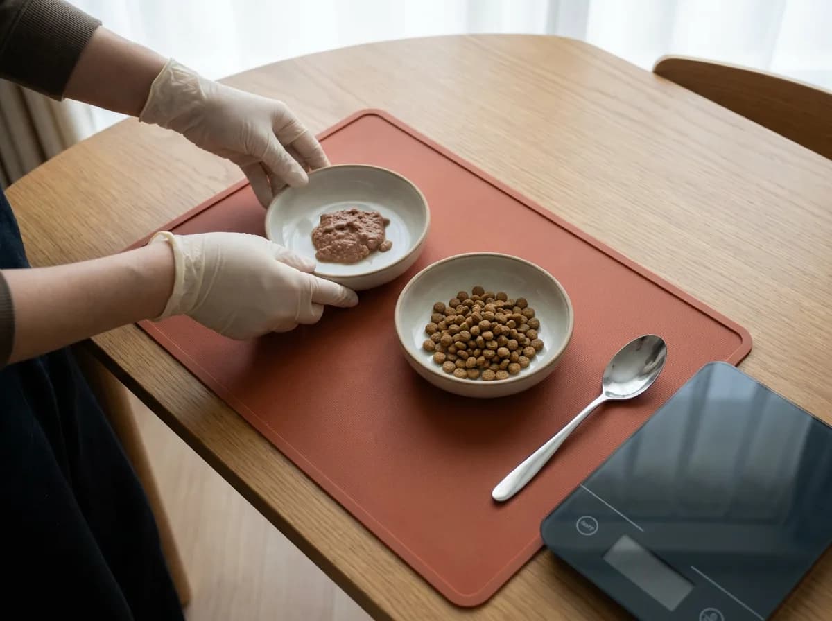 Caregiver setting out separate dishes of wet food and dry food
