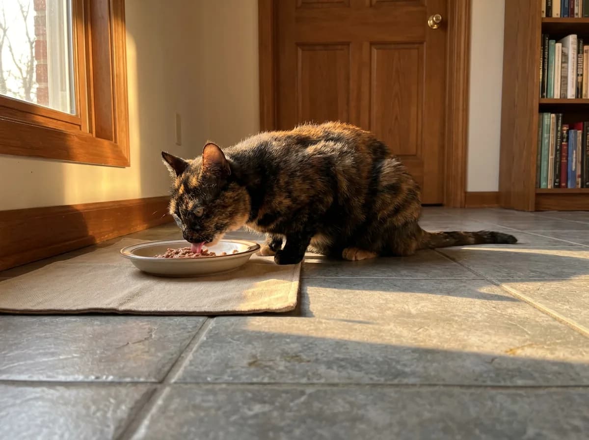 Tortoiseshell cat eating alone in a quiet room with the door closed