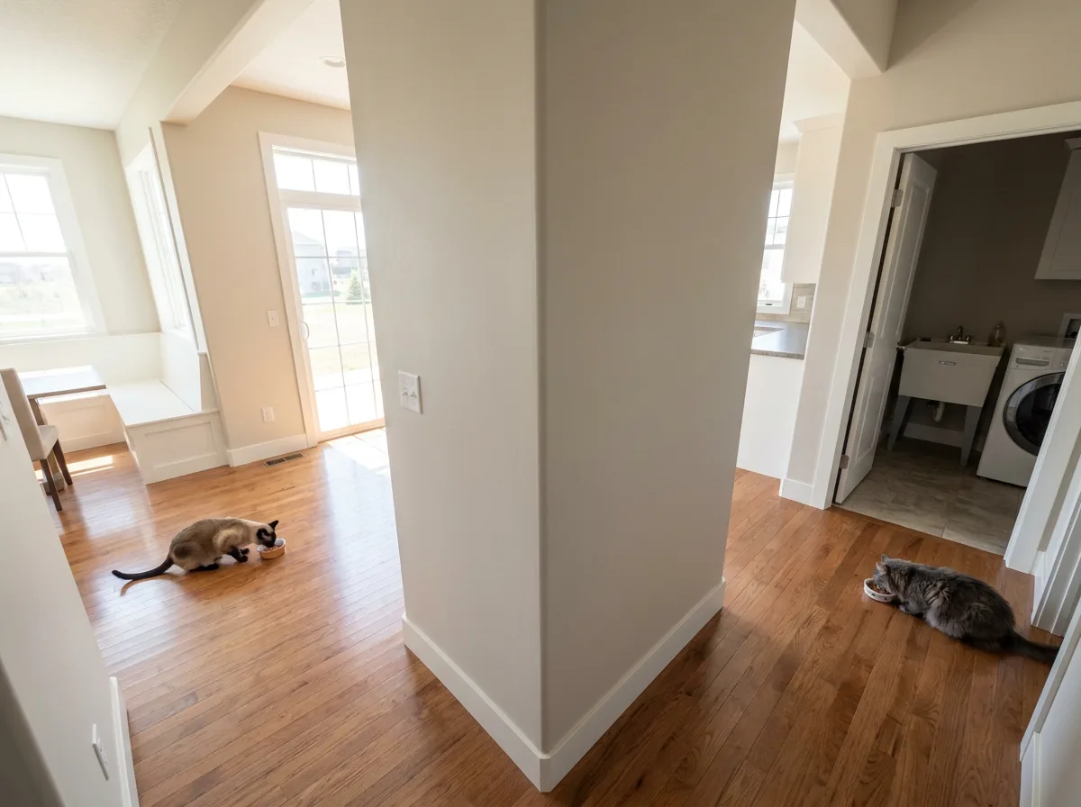 Two cats eating in separate alcoves divided by a solid wall
