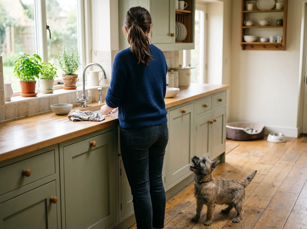 A person with their back turned to a small terrier puppy that is looking up and barking for attention in a bright kitchen, illustrating the ignore tec
