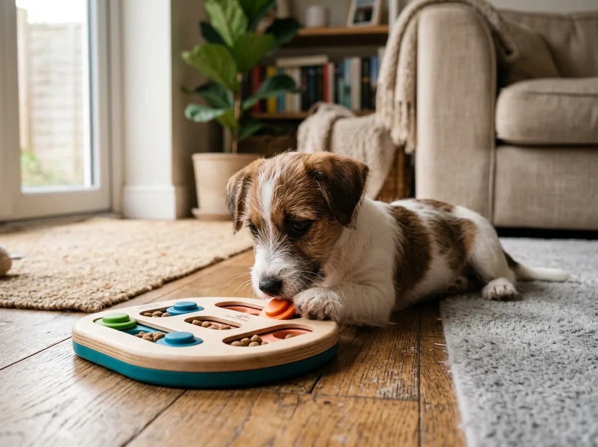 A brown-and-white puppy lying on the floor working a treat-dispensing puzzle toy, deeply focused, in a cozy home setting