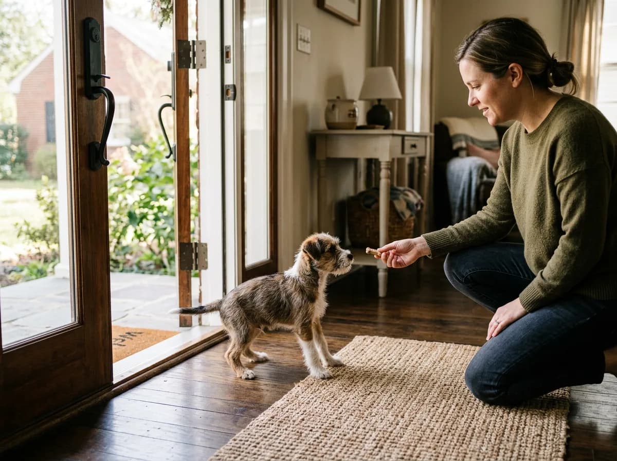 A small puppy standing at a cautious distance from an open front door, body leaning slightly back, being offered a treat by a calm owner crouched near