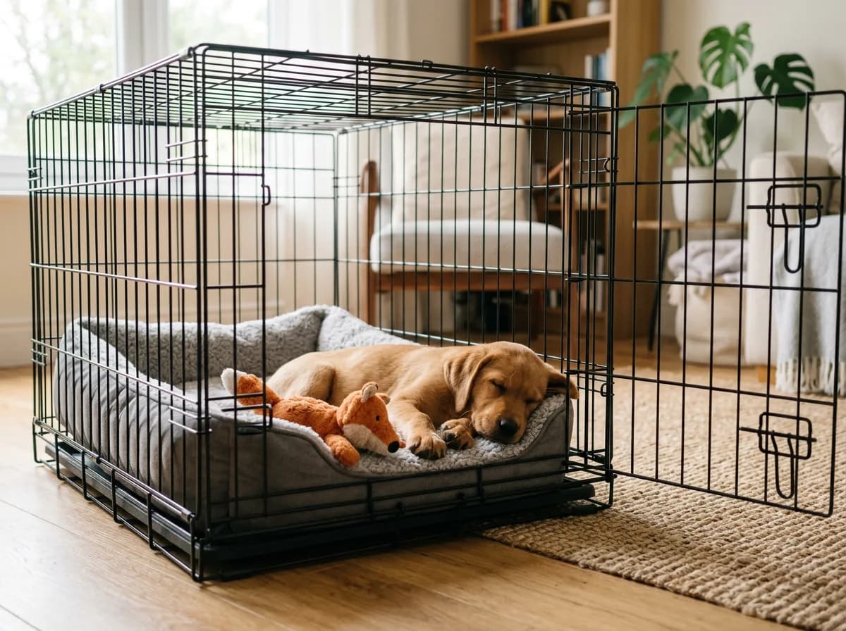 A puppy resting calmly and quietly inside an open wire crate with a soft bed and a stuffed chew toy, relaxed body language, soft home lighting