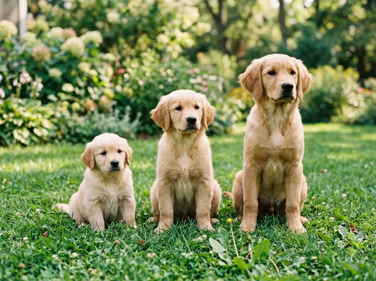 Three puppies of clearly different ages sitting in a row on a grassy lawn, youngest to oldest, illustrating developmental stages, natural daylight
