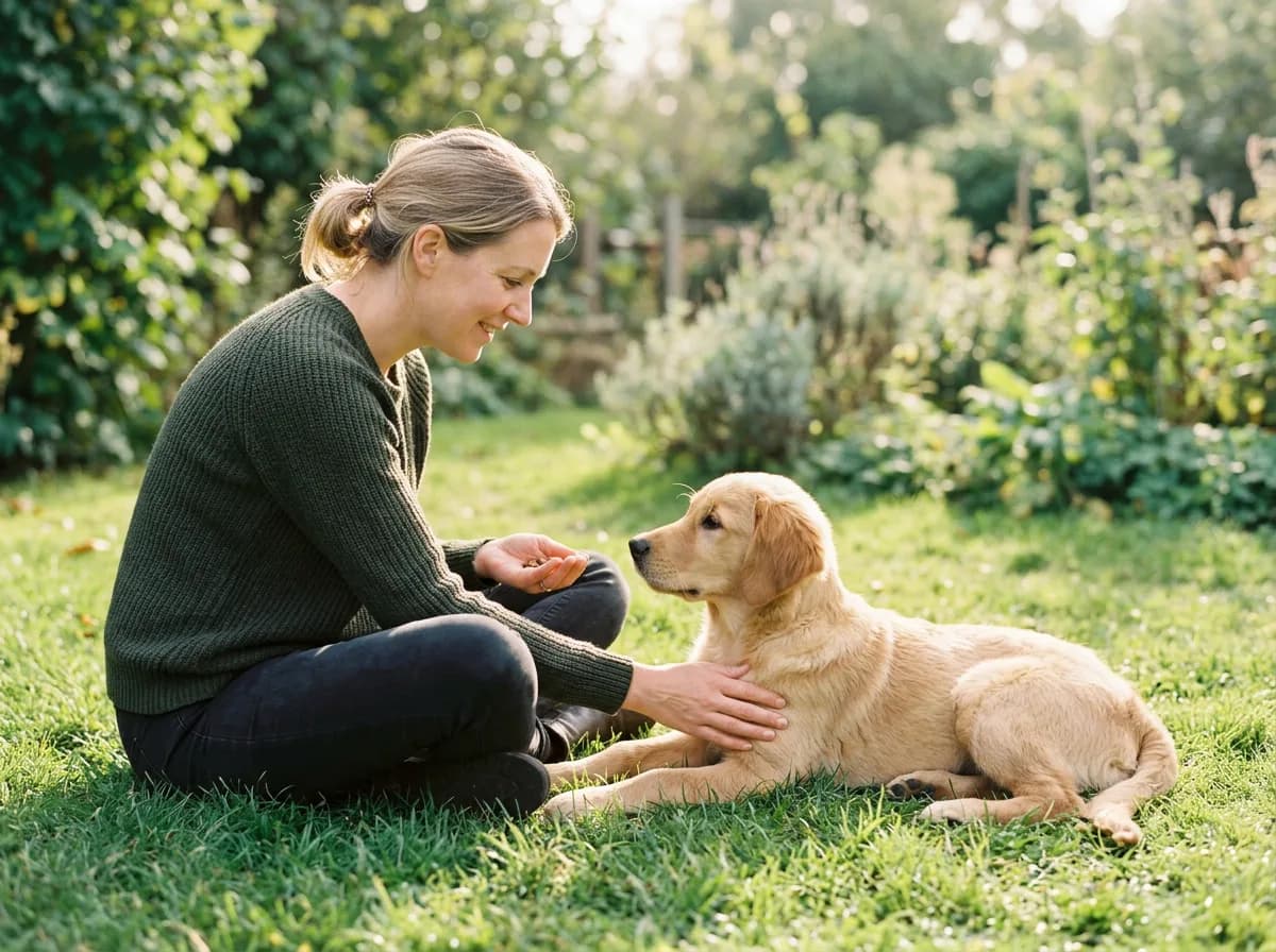 a puppy barking or an owner calmly training a quiet puppy