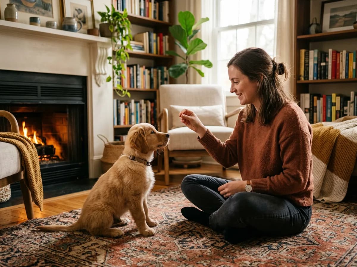 a puppy barking or an owner calmly training a quiet puppy
