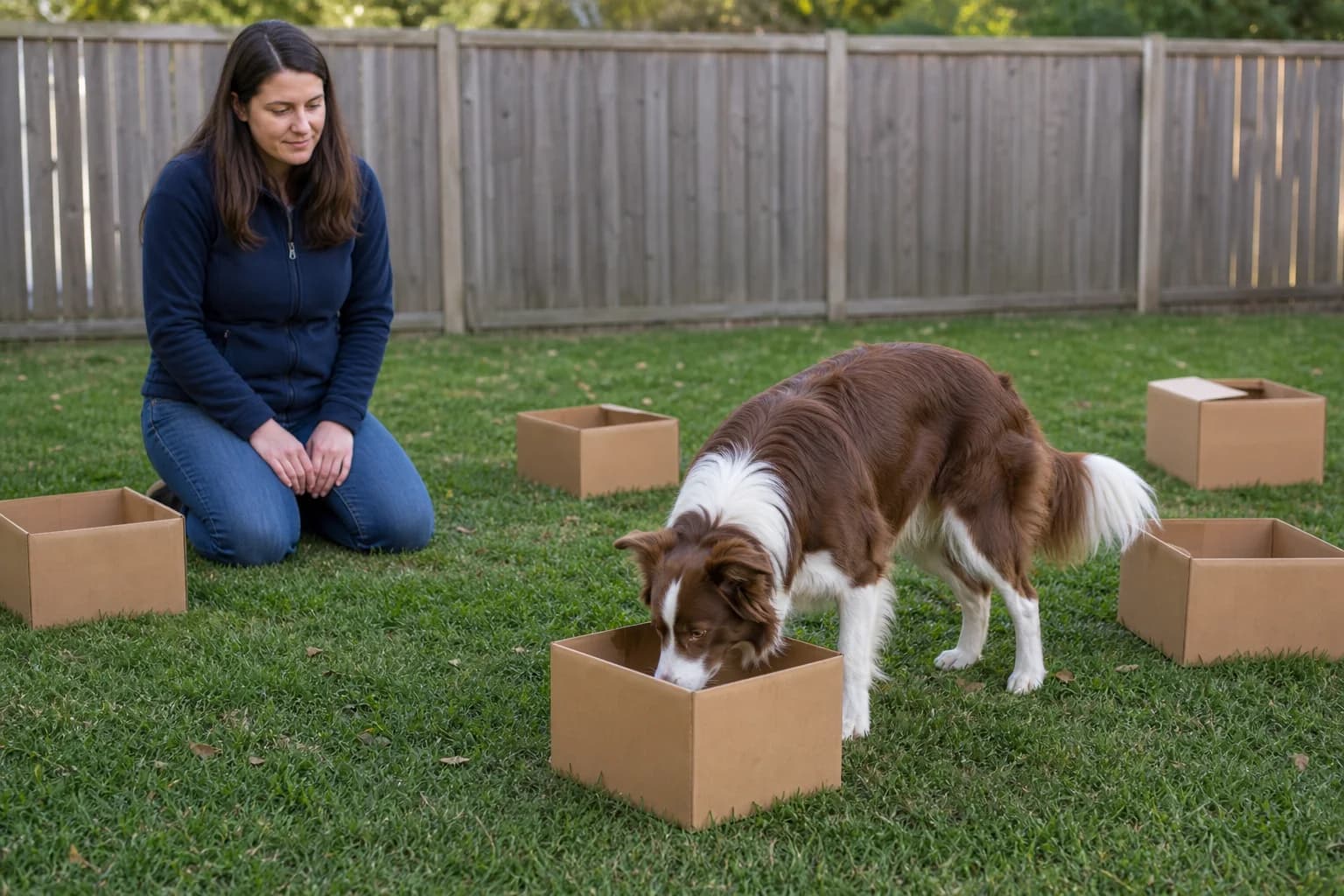 Red-and-white Border Collie searching cardboard boxes during a supervised scent game