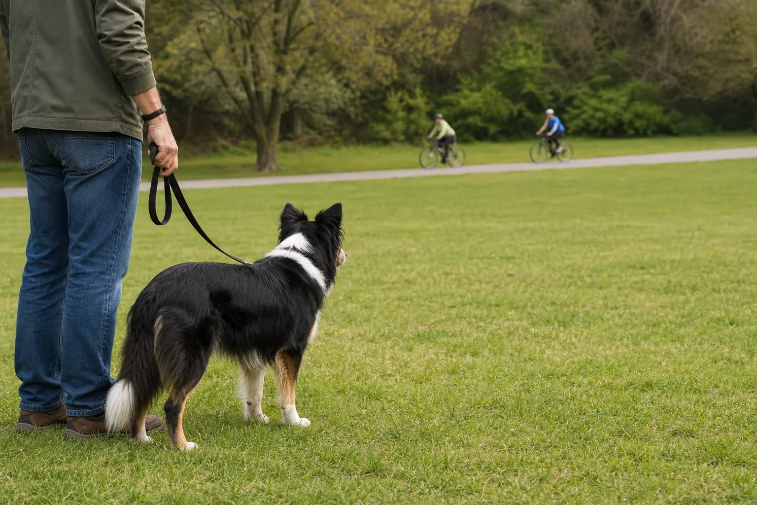 Leashed black-and-white Border Collie calmly watching bicycles from a generous distance