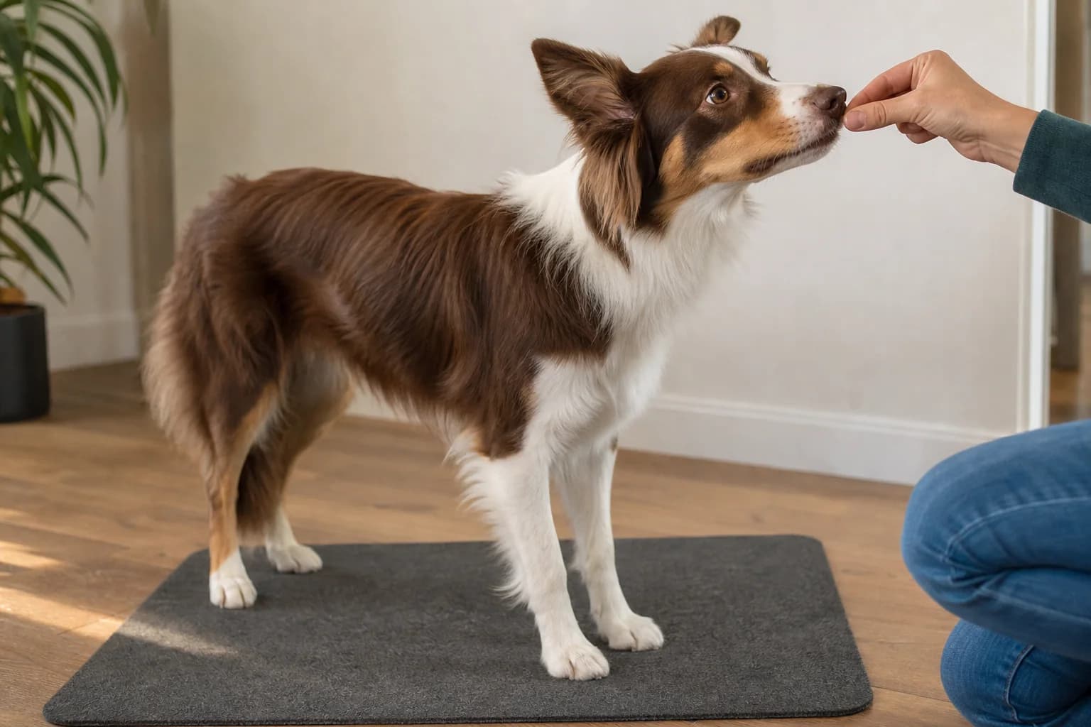 Handler marking and rewarding a red-and-white Border Collie for keeping four paws on a mat