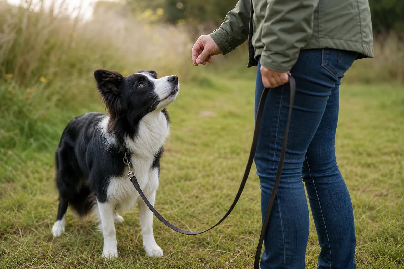 Black-and-white Border Collie offering calm eye contact to a handler during an outdoor lesson