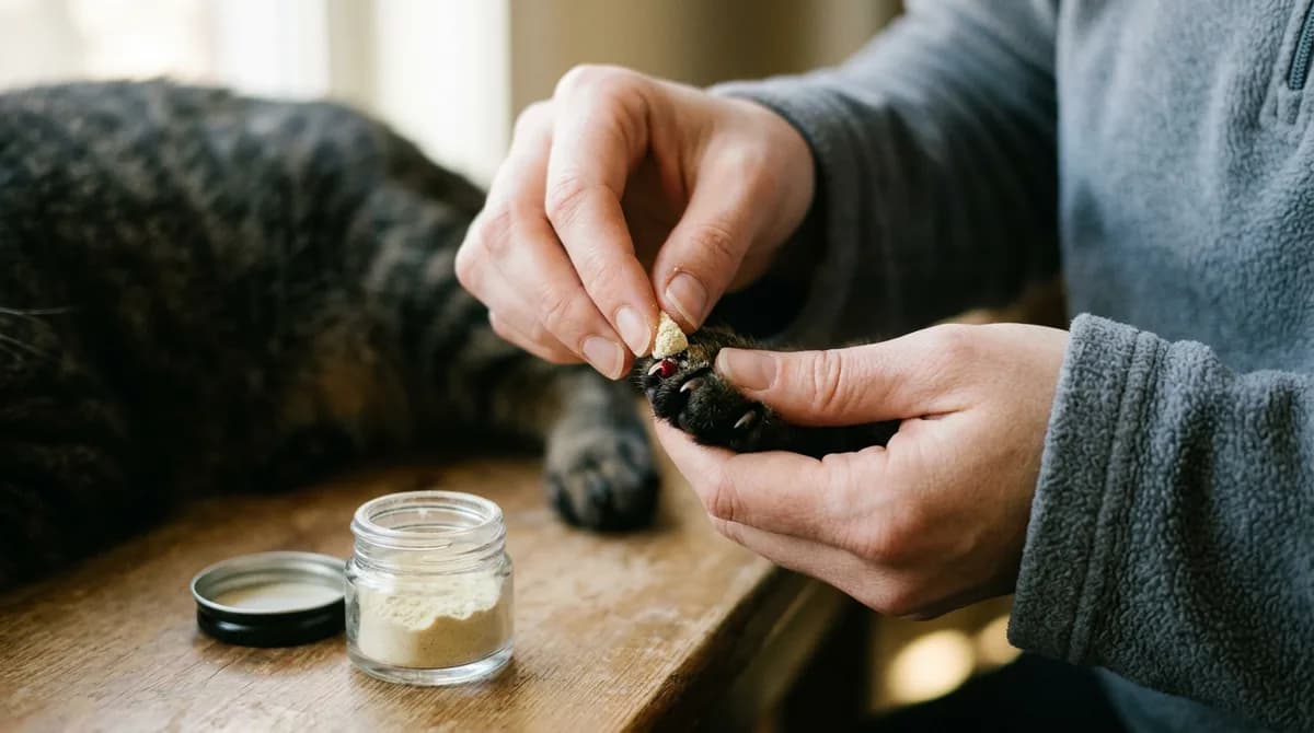 Fingers pressing styptic powder onto a cat claw tip to stop bleeding, with an open jar nearby