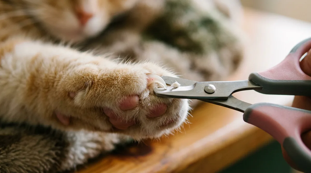 A small scissor clipper snipping just the sharp tip off a cat claw, avoiding the pink quick