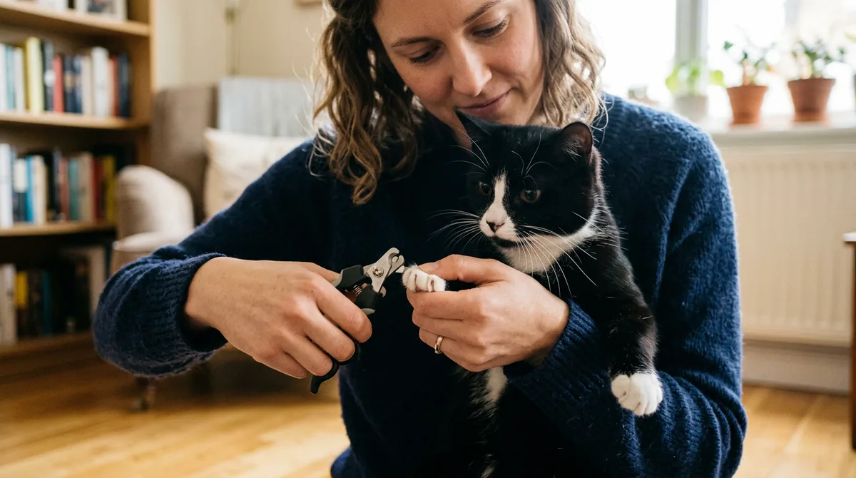 A squirmy tuxedo cat gently held by two hands while a person prepares to trim a claw