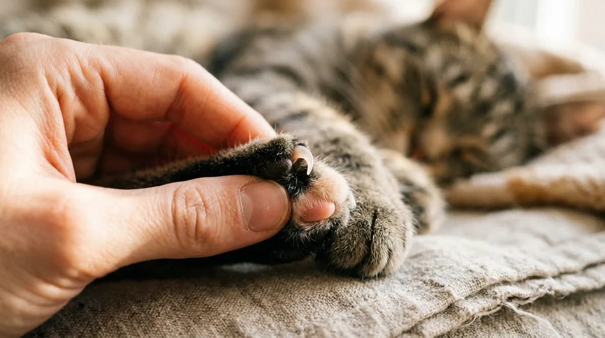 A thumb and forefinger gently pressing a cat's toe pad to extend a single claw