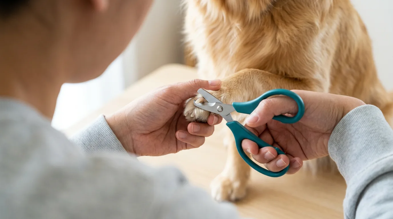 Over-the-shoulder view of hands demonstrating the grip and cutting angle on teal-handled scissor-style clippers against a golden dog's nail